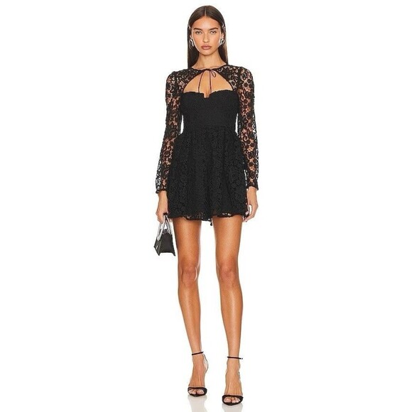 Self-Portrait Women's Black Guipure Lace Tie-Neck Mini Dress Size UK 10 US 6 - Picture 1 of 16